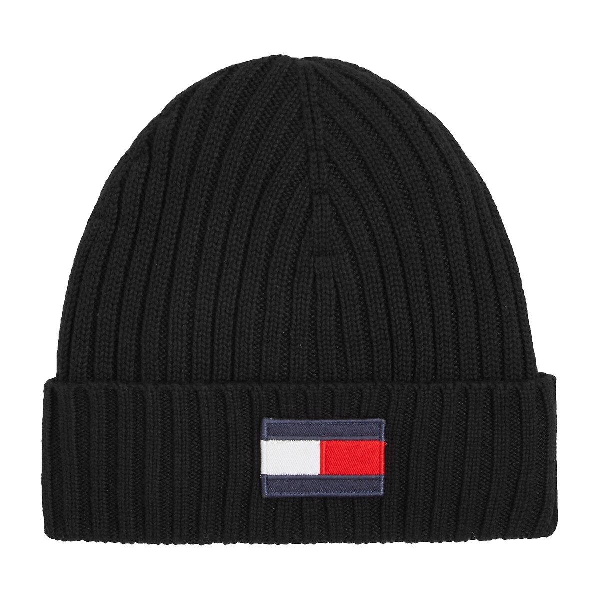 Tommy Hilfiger Embroidered Badge Logo Beanie In Cotton Mix Black Large
