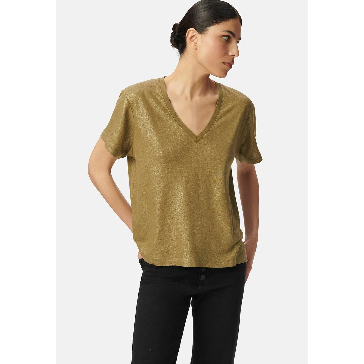 Ikks Iridescent Linen/Viscose V-Neck T-Shirt With Short Sleeves Women's Khaki Large