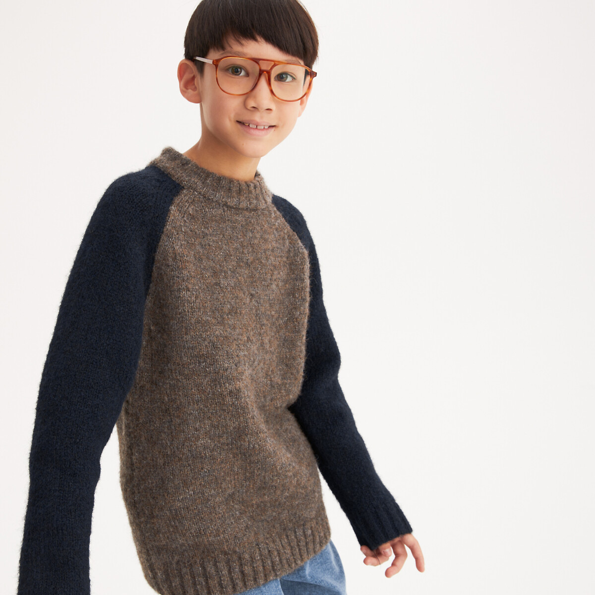 La Redoute Collections Recycled Chunky Knit Jumper With Crew Neck Beige Marl/Navy 8Y (126Cm)