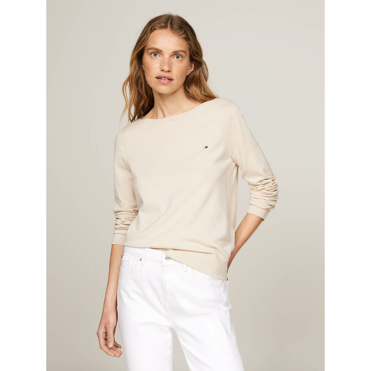 Tommy Hilfiger Beige Plain Cotton Mix Jumper With Boat Neck Large - Image 1