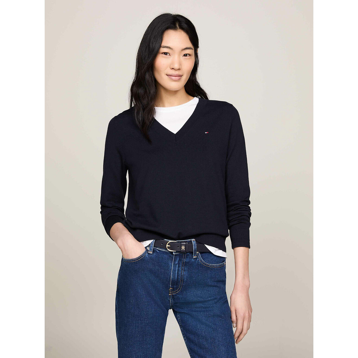 Tommy Hilfiger V-Neck Jumper In Cotton Mix Women's Navy Extra Small