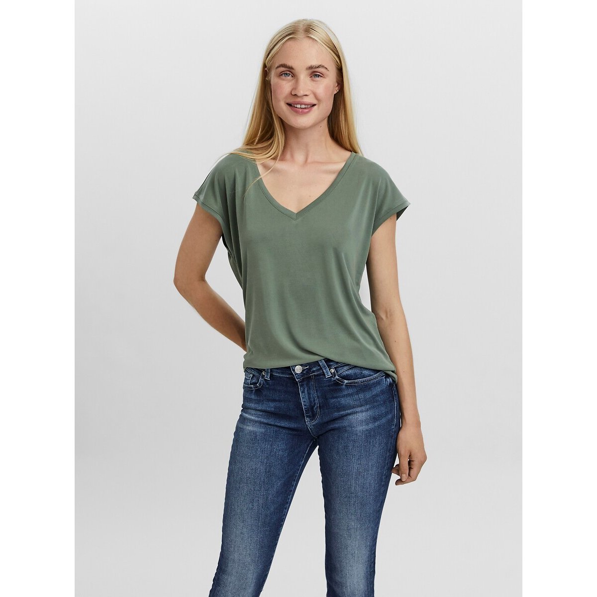 Vero Moda V-Neck Short Sleeve T-Shirt Women's Khaki Green Small