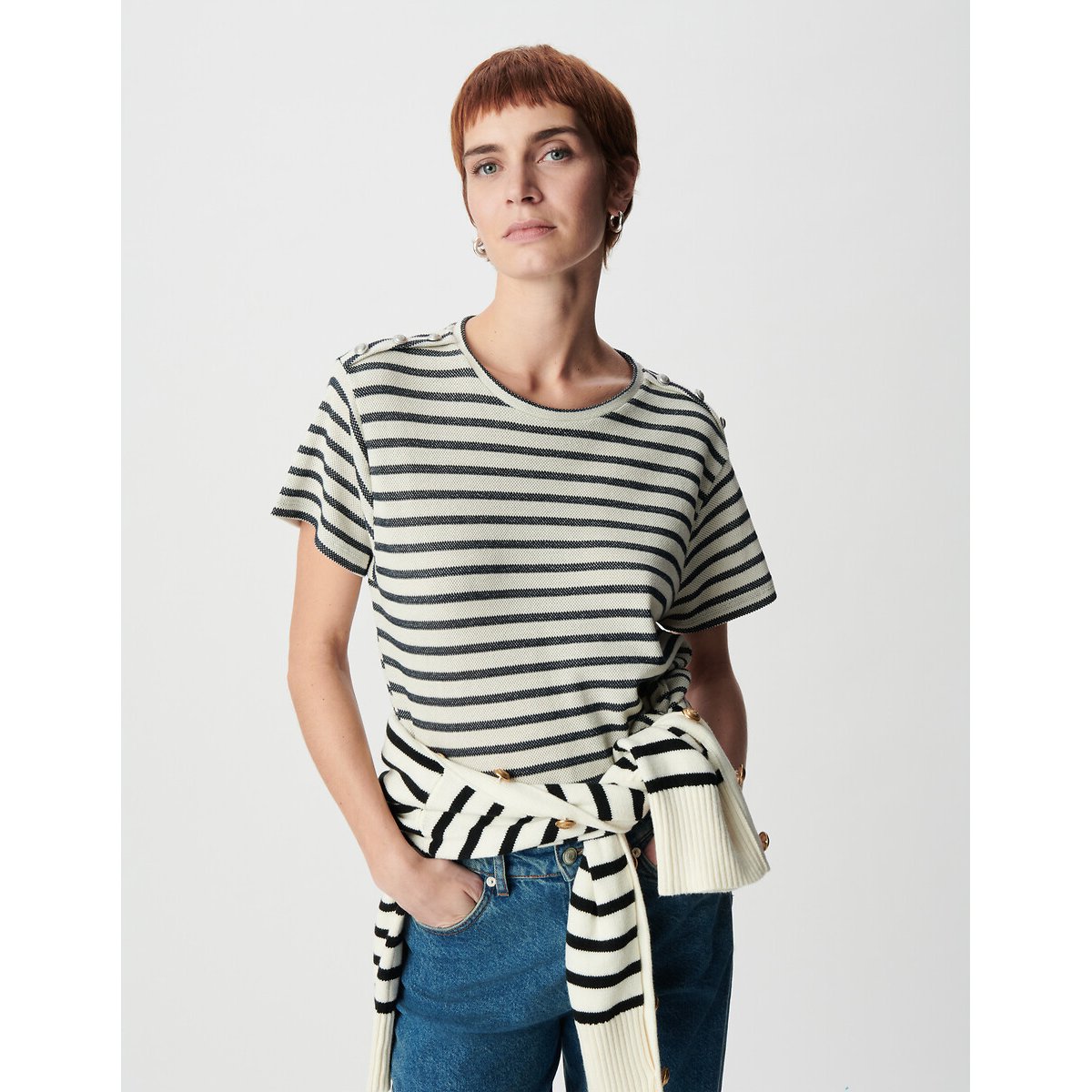 Ikks Striped Crew Neck T-Shirt With Short Sleeves And Shoulder Buttons Women's Navy Small