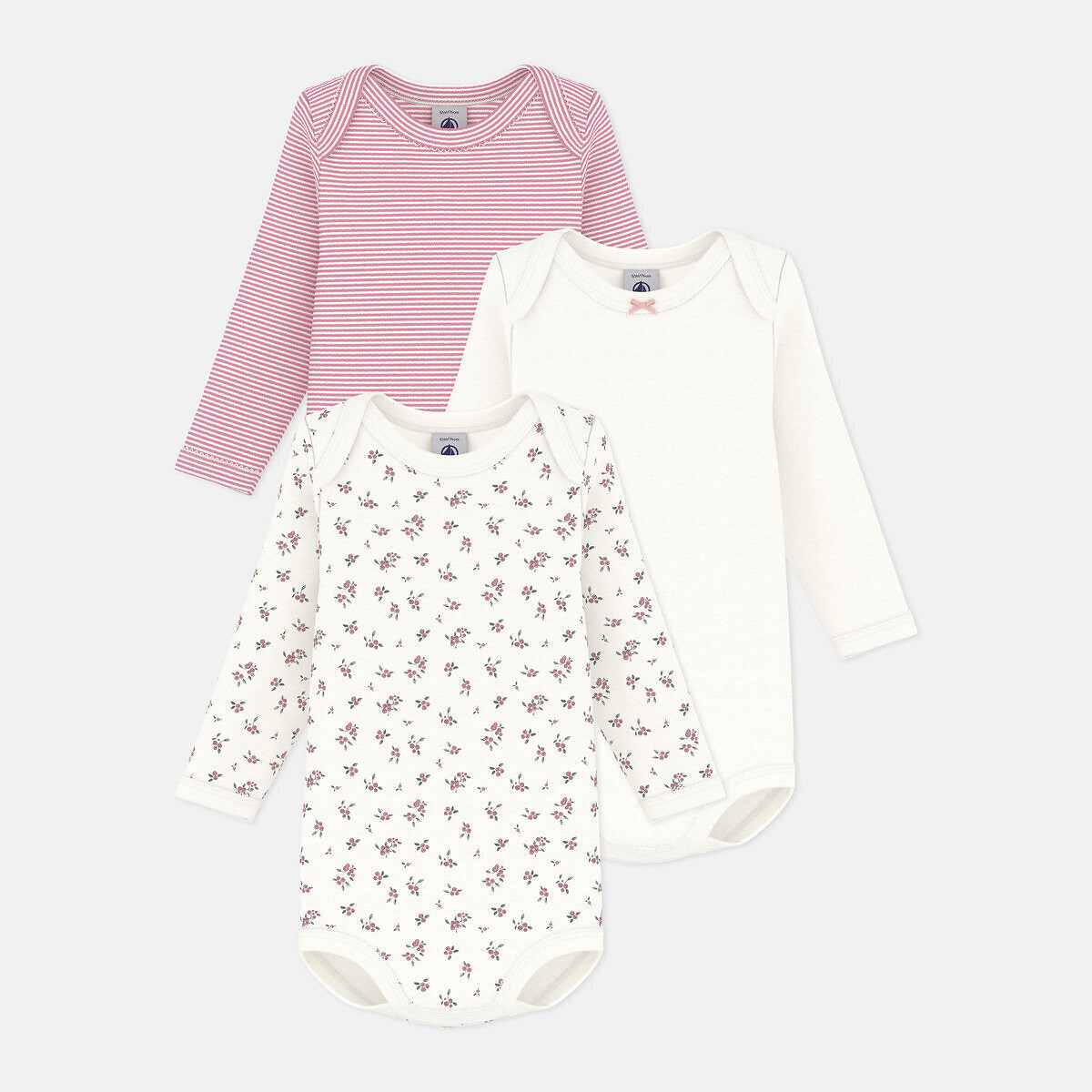 Petit Bateau Pack Of 3 Long Sleeve Bodysuits Pack Of White + Pink 2Y (86Cm) Newborn