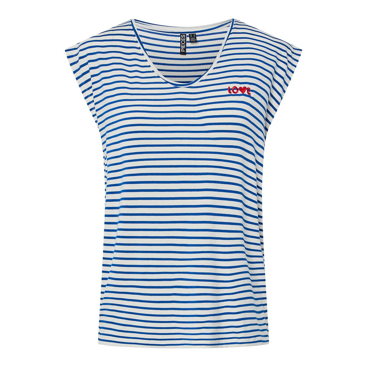 Pieces Striped Chest Slogan V-Neck T-Shirt Women's Sky Blue/White Medium