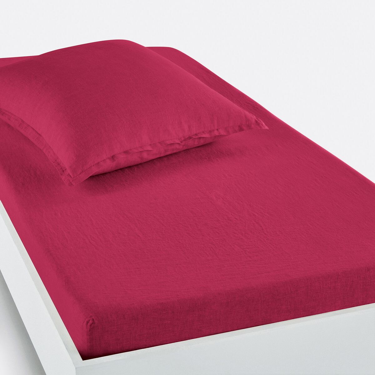 La Redoute Interieurs Linot 30Cm High Washed Linen Child's Fitted Sheet Unisex Raspberry Pink Single (90X190cm)