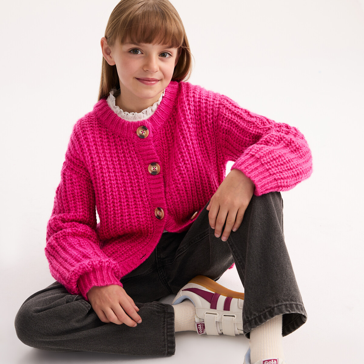 La Redoute Collections Chaqueta de cuello redondo, abotonado, de punto grueso. Rosa