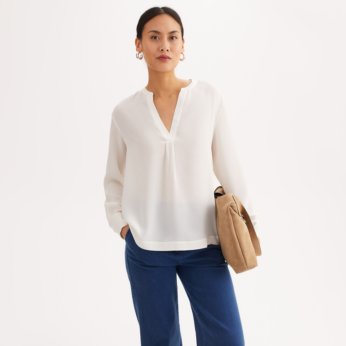 Anne Weyburn Silk V-Neck Blouse With Long Sleeves Women's Ecru Size 22