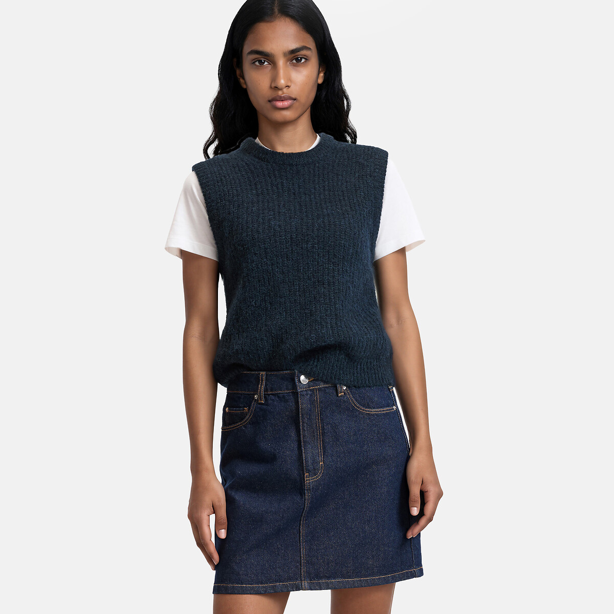 La Redoute Collections Anette Signature Sleeveless Crew Neck Jumper In Alpaca Blend Women's Navy Blue Small
