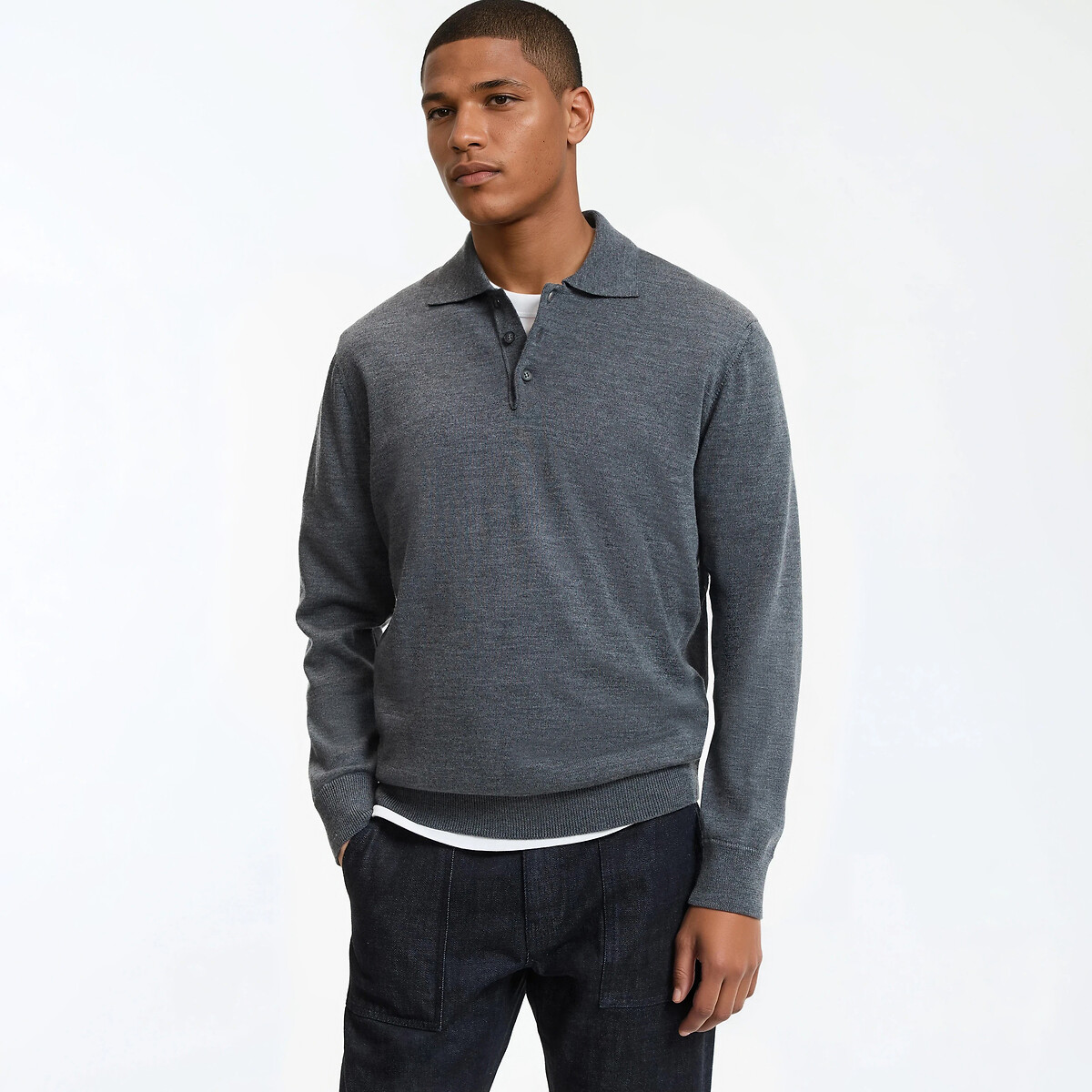 La Redoute Collections Wool Polo Jumper Men's Grey Marl Xxl