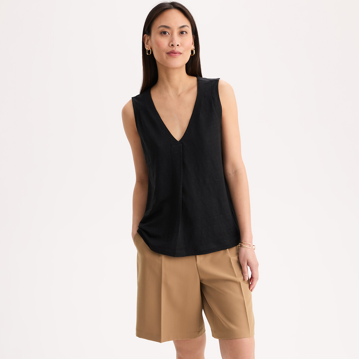 Anne Weyburn Linen Sleeveless V-Neck T-Shirt Women's Black Small