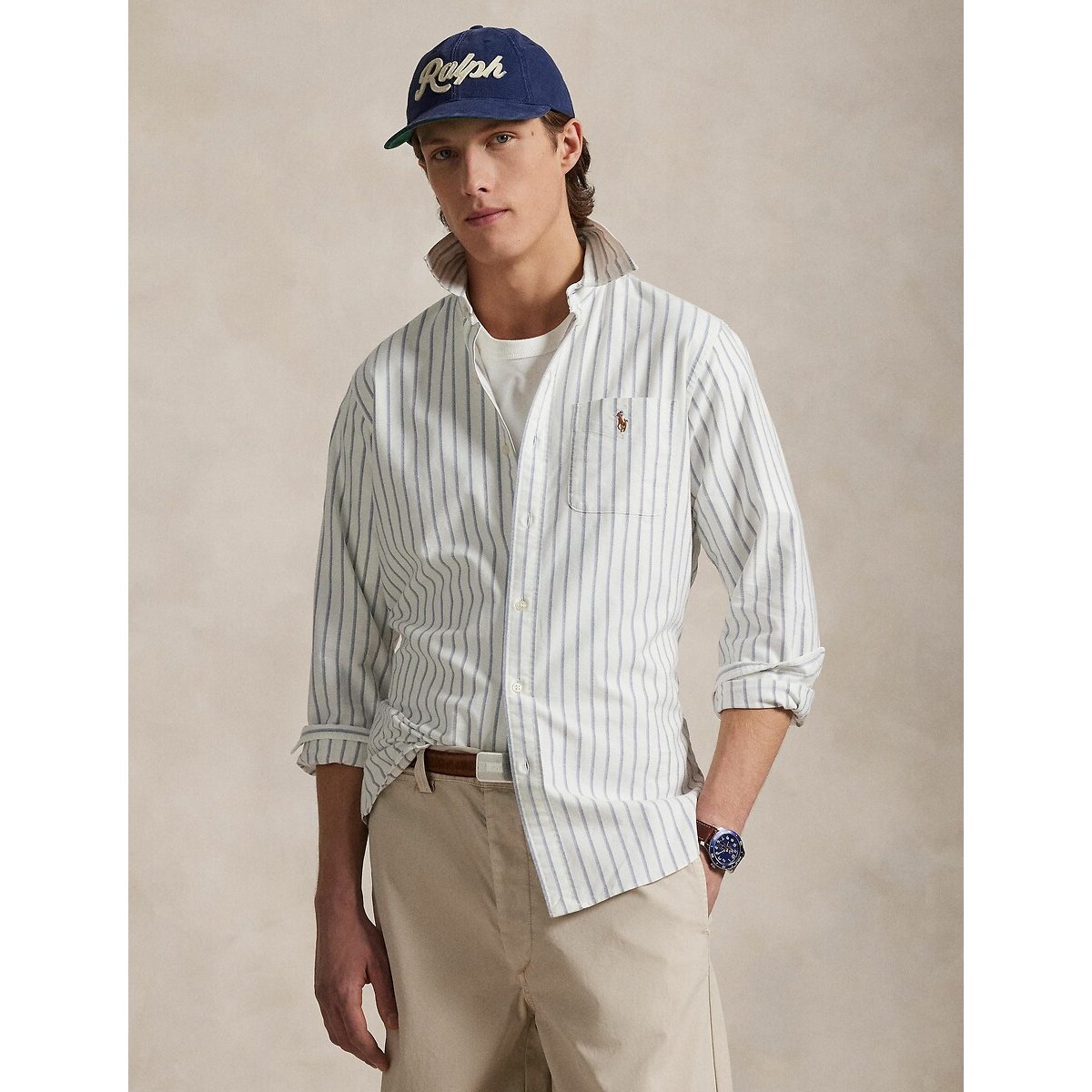 Polo Ralph Lauren Striped Oxford Cotton Shirt In Custom Fit Men's White Large