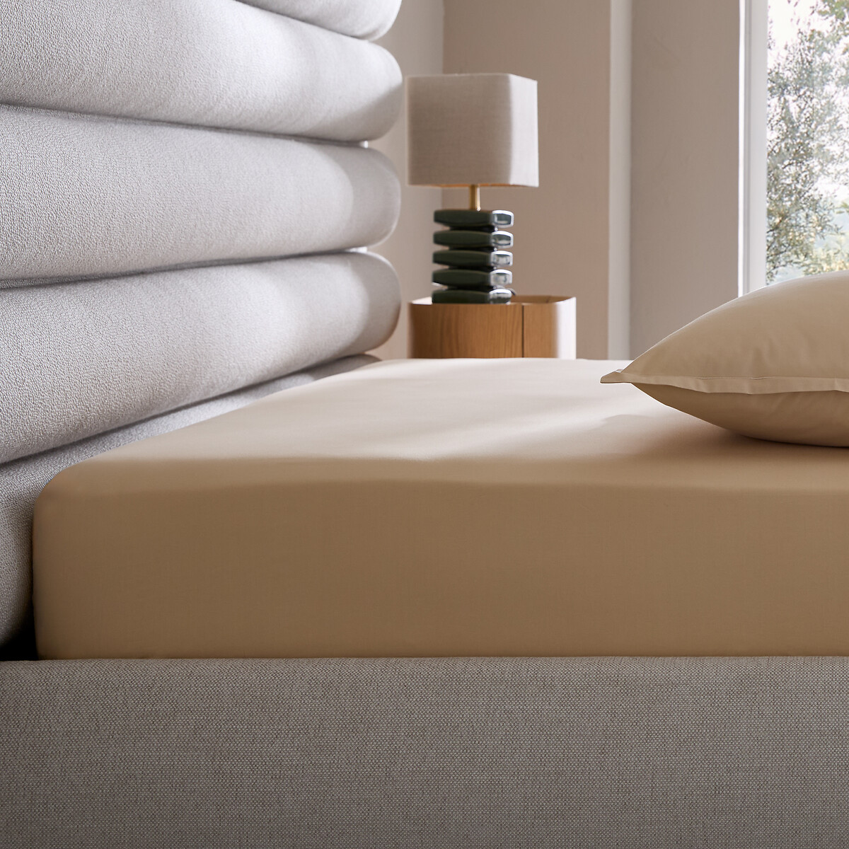 Am.pm Veneto Cotton Percale Fitted Sheet, 30Cm Flap Unisex Camel Superking (180X200cm)