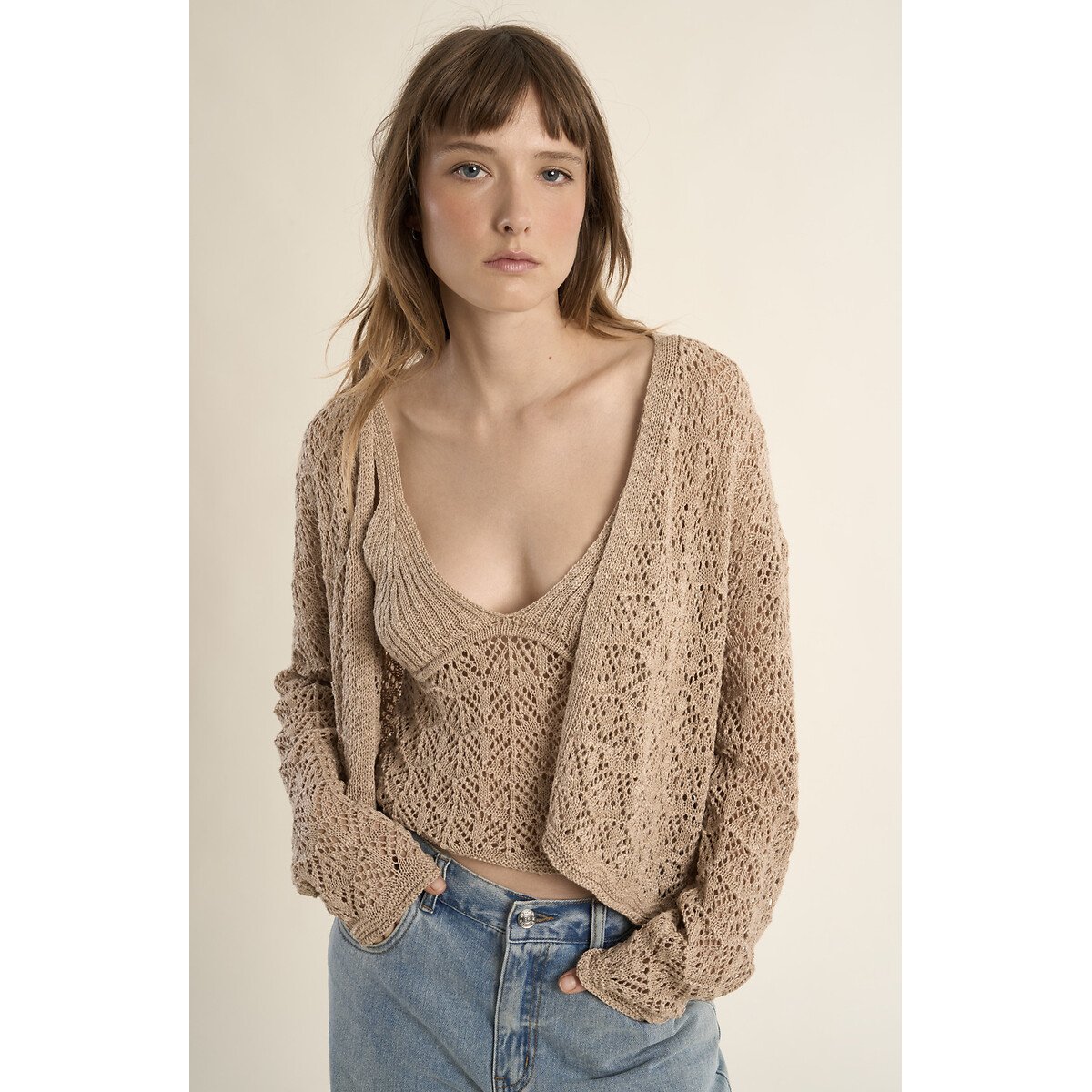 Molly Bracken Openwork Cardigan Women's Beige Extra Small