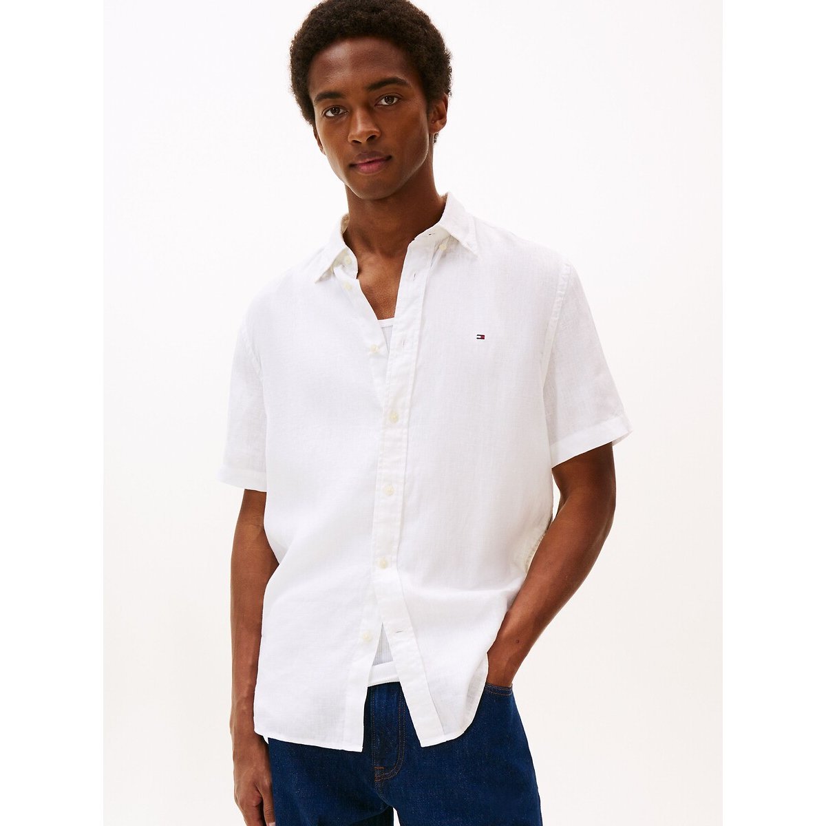 Tommy Hilfiger Linen Short Sleeve Shirt Men's White Medium