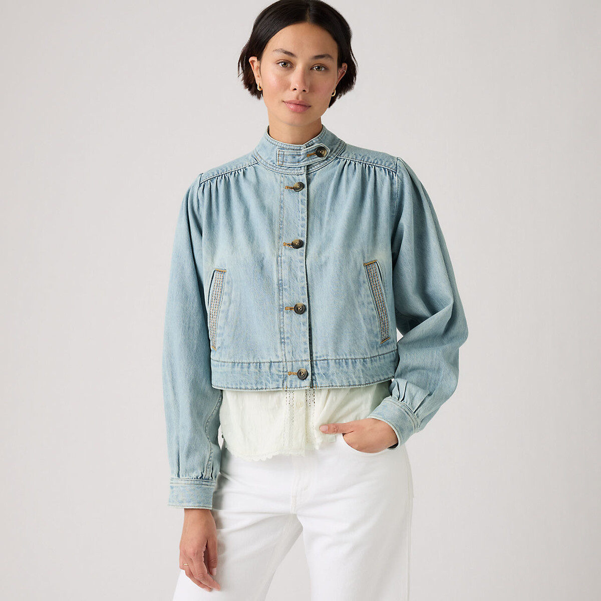 Veste denim courte col montant