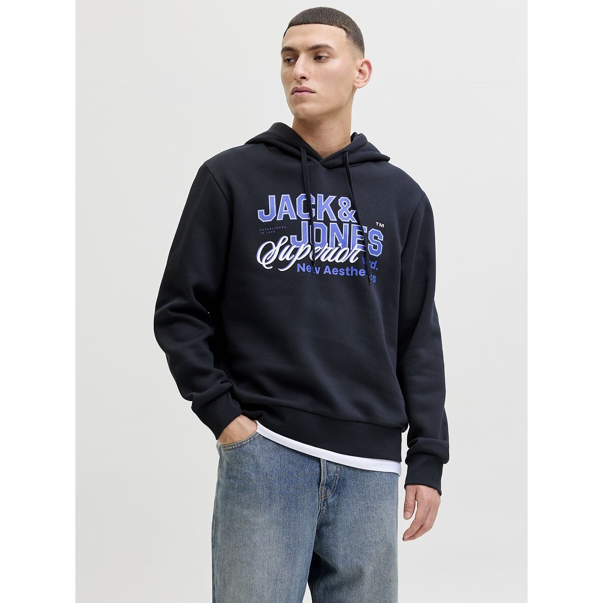 Jack & Jones Logo Print Hoodie Men's Navy Medium