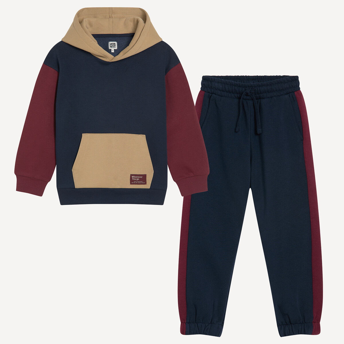 La Redoute Collections Fleece Hoodie/Joggers Outfit Navy/Burgundy 8Y (126Cm)