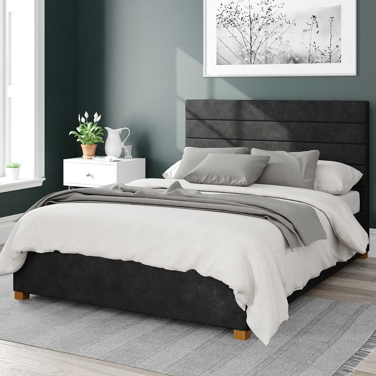 Aspire Unisex Charcoal Kelly Linen Storage Ottoman Bed With Modern Horizontal Upholstered Headboard King Size (150 X 200Cm)
