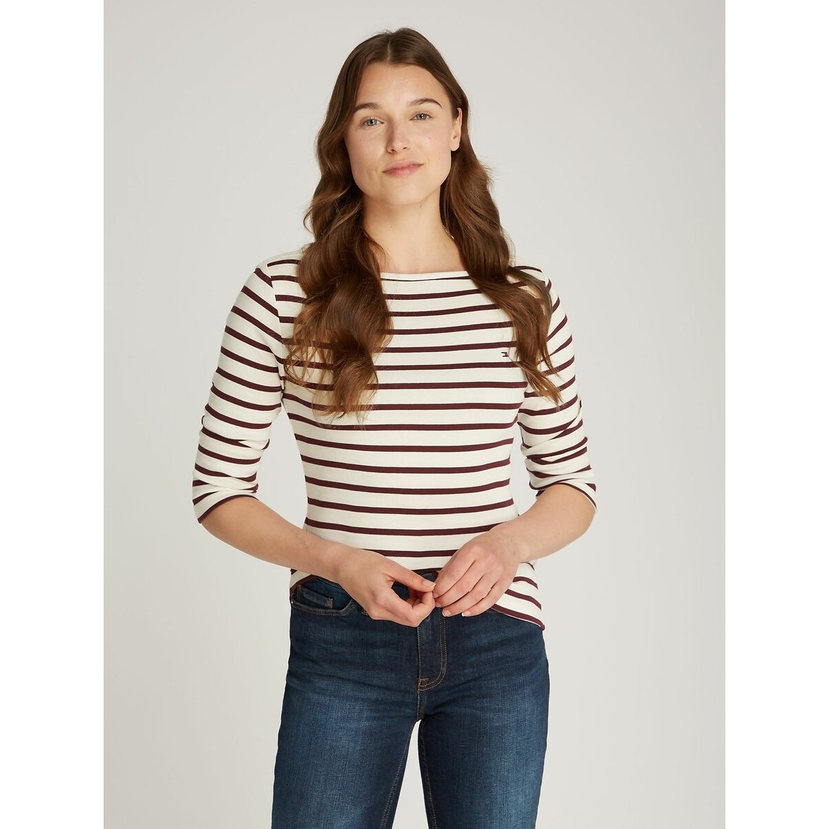 Tommy Hilfiger Women's Beige Breton Striped T-Shirt With 3/4 Length Sleeves Small