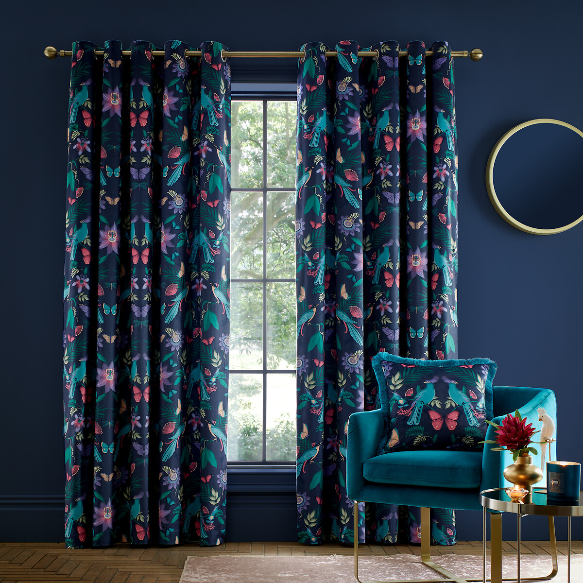 Catherine Lansfield Navy Mya Tropical Print Eyelet Curtains Size W229 X D229cm