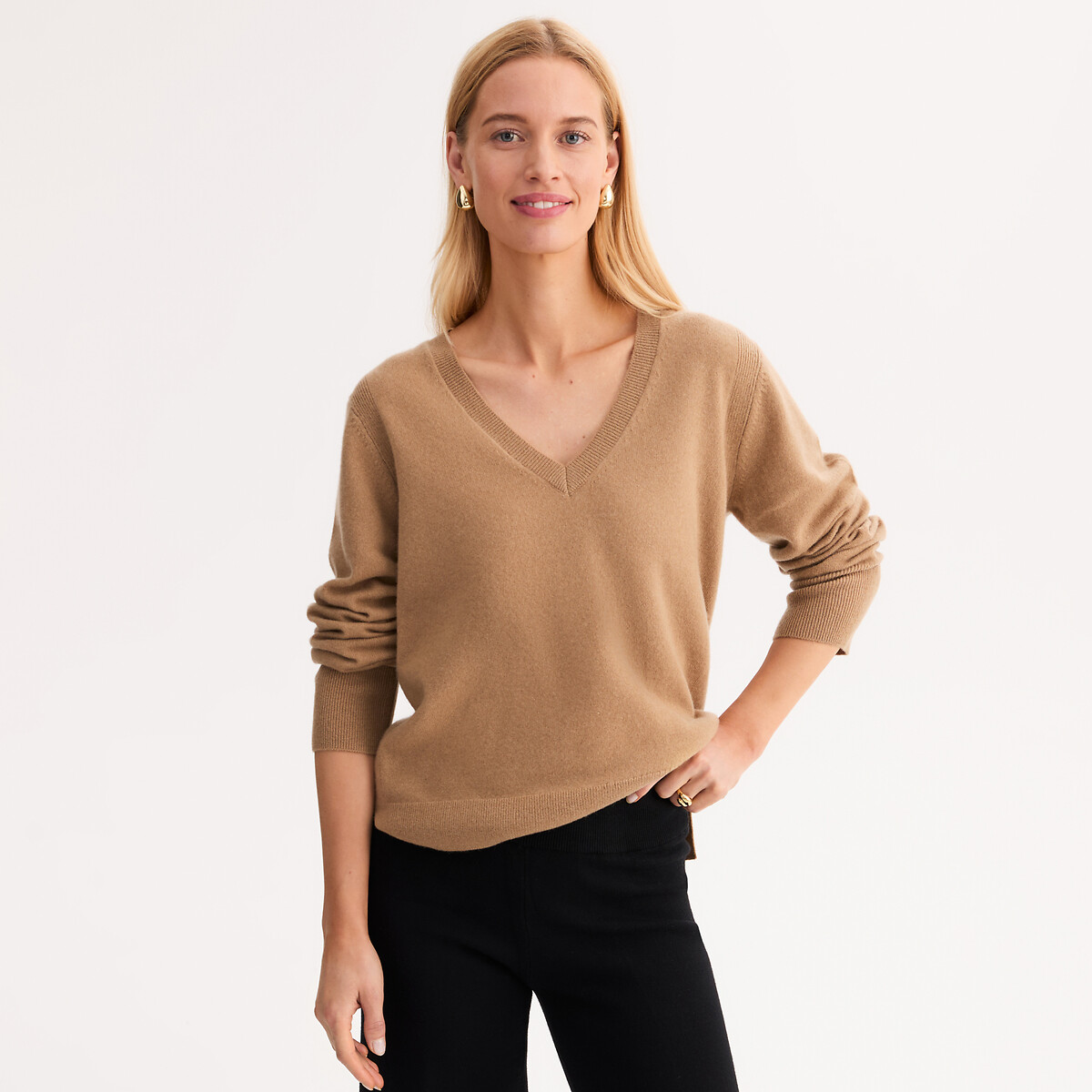 Camisola de caxemira com decote em V, malha fina, Anne Weyburn