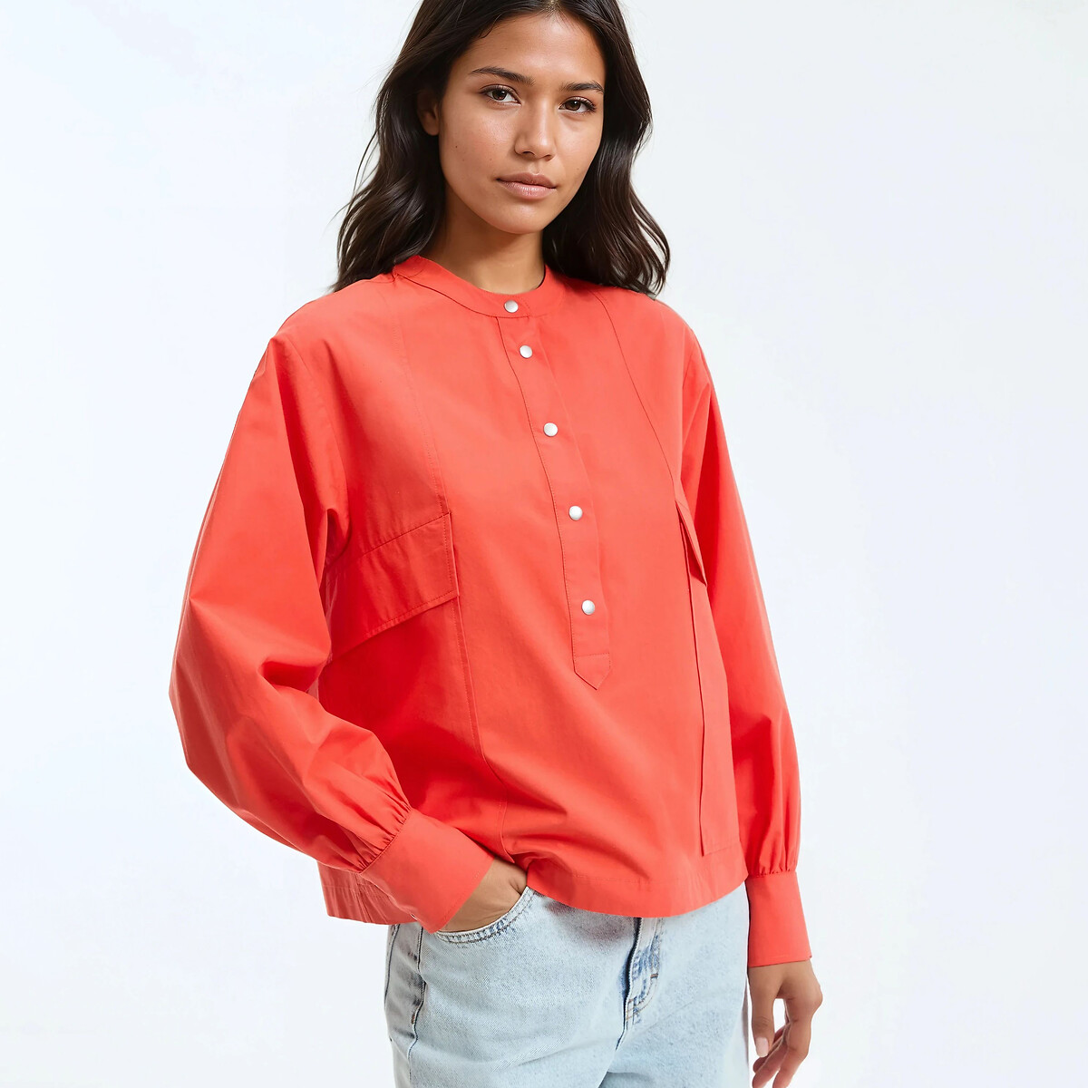 La Redoute Collections Cotton Mandarin Collar Shirt With Long Sleeves Women's Grenadine Red Small