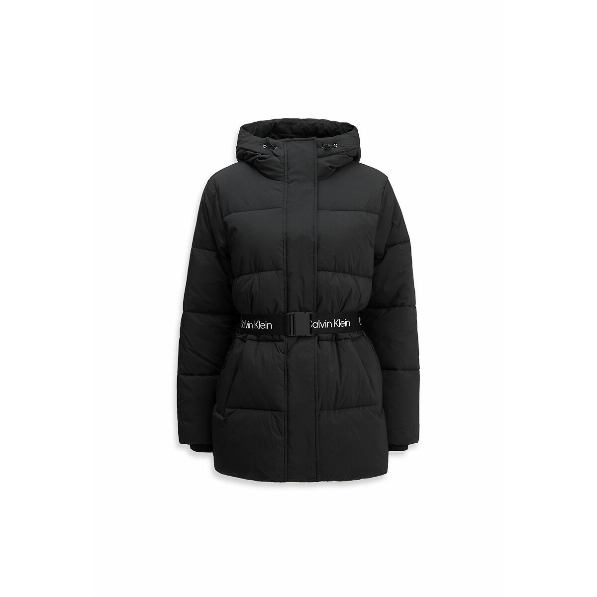 Calvin Klein Jeans Women's Black Mid-Length Padded Jacket With Hood And Belt Large