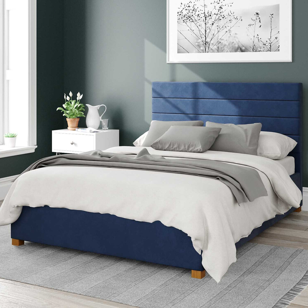 Aspire Unisex Navy Kelly Velvet Storage Ottoman Bed With Modern Horizontal Upholstered Headboard King Size (150 X 200Cm)