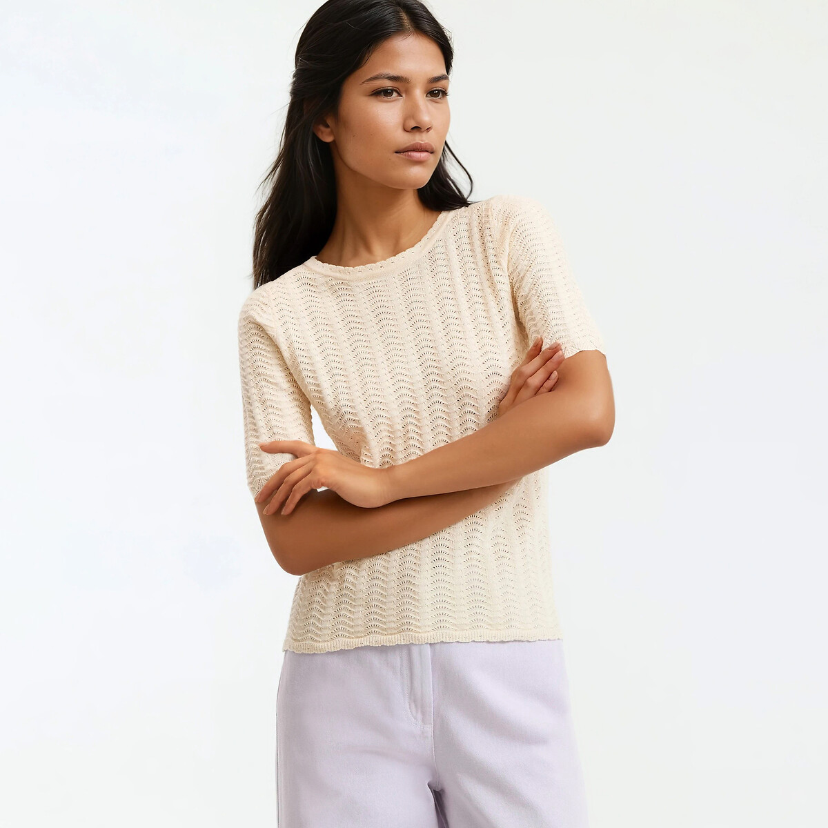 Pull col rond manches courtes en maille pointelle
