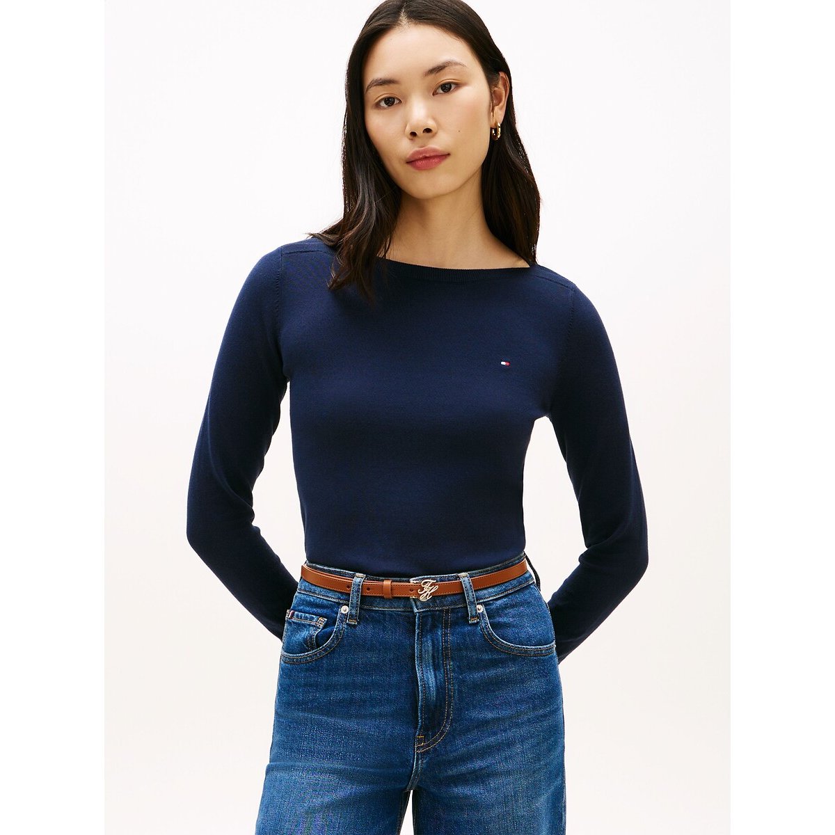 Tommy Hilfiger Long Sleeve Boat Neck Buttoned Cuff Jumper Women's Navy Extra Small