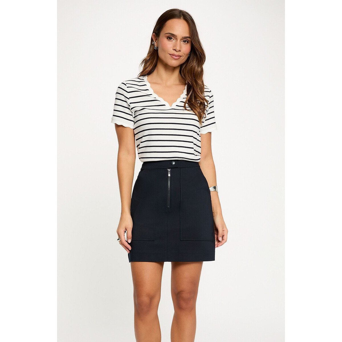 Morgan V-Neck T-Shirt With Short Sleeves Women's Navy Striped/White Small