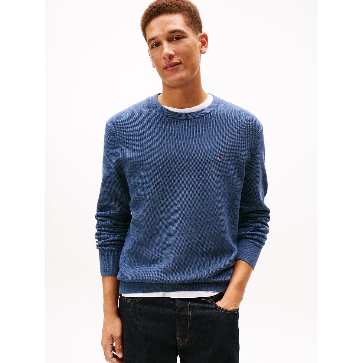 Tommy Hilfiger Flag Textured Crew Neck Jumper Men's Sea Blue Xxl