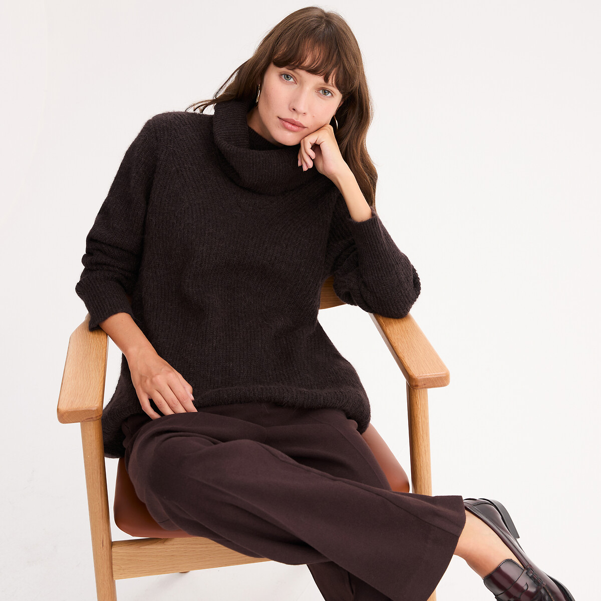 Anne Weyburn Cowl Neck Jumper In Chunky Alpaca Blend Knit Women's Brown Large