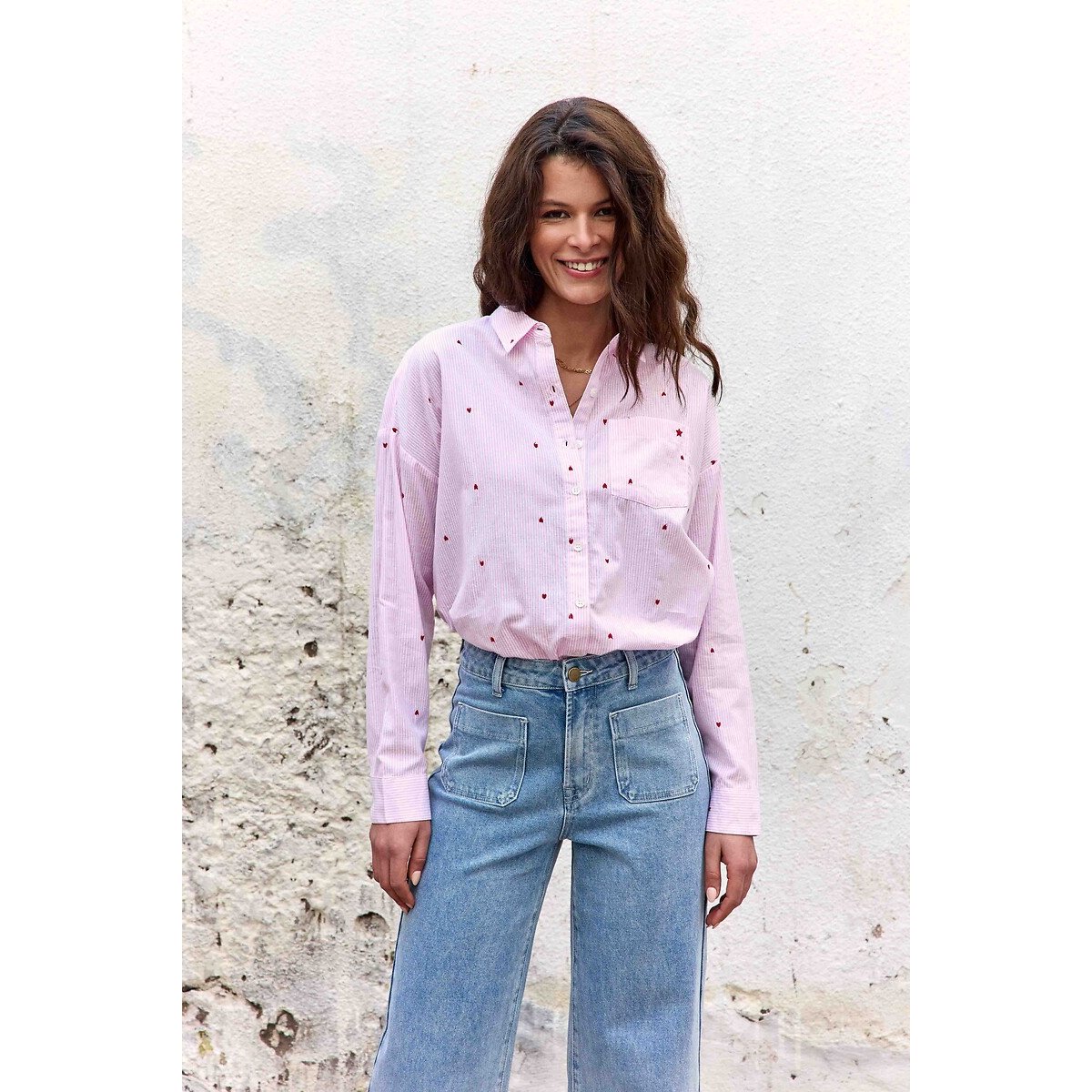 La Petite Etoile Coraline Striped Embroidered Shirt Women's Ecru/Pink Medium
