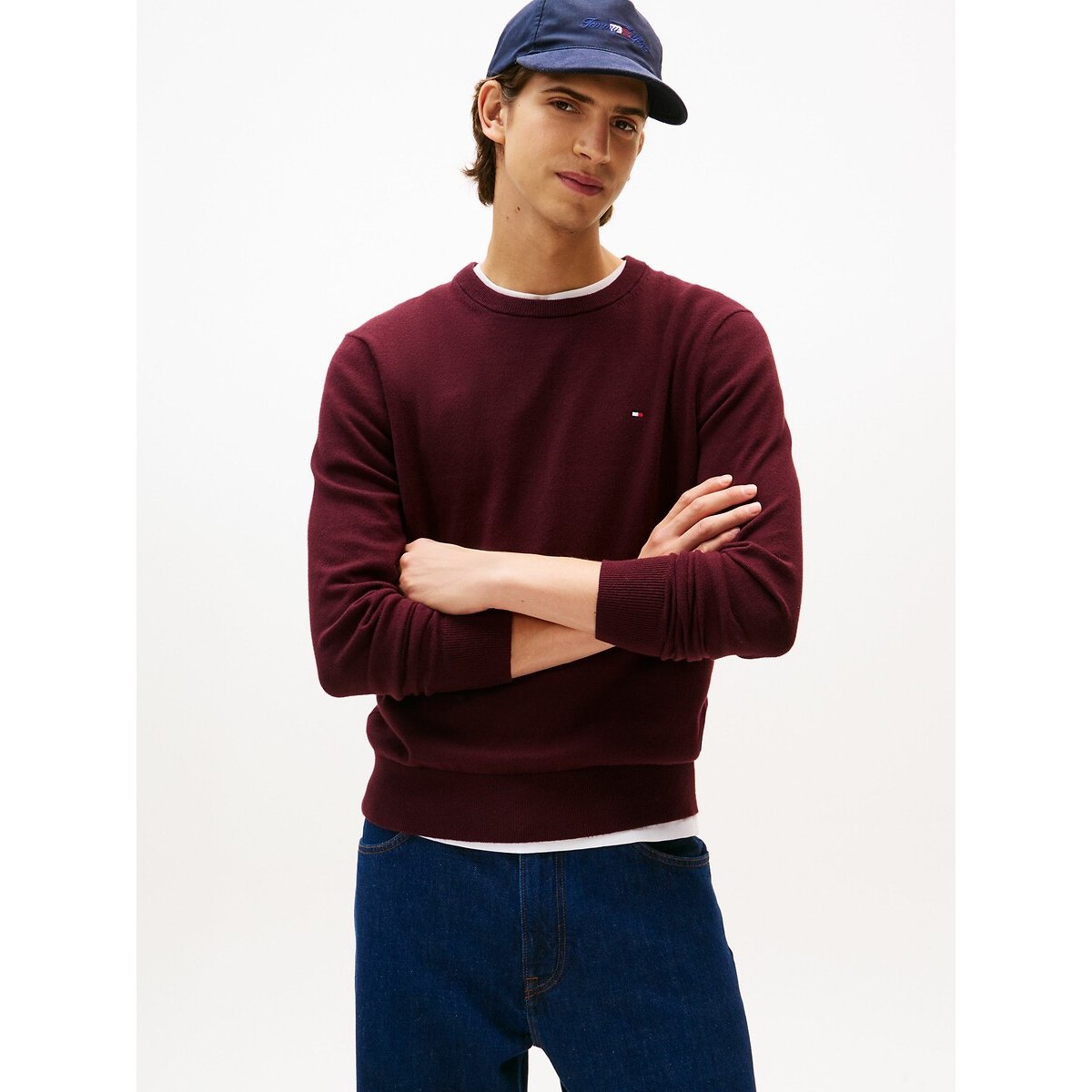 Tommy Hilfiger Pima Cotton/Cashmere Jumper With Crew Neck Men's Dark Red Extra Large