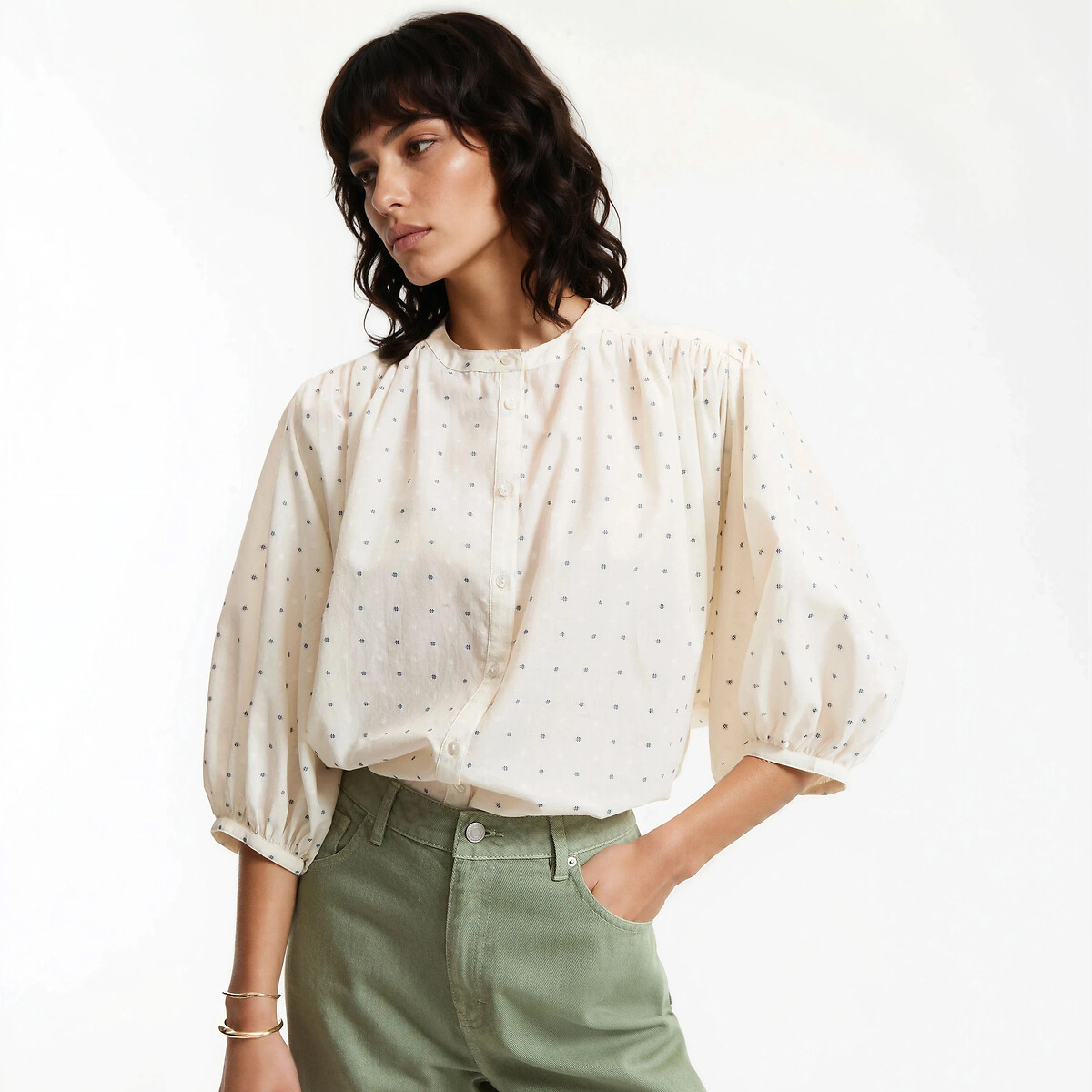 Blusa oversize de cuello mao en algodón bordado, Signature BERTHE. Talla XL. Color