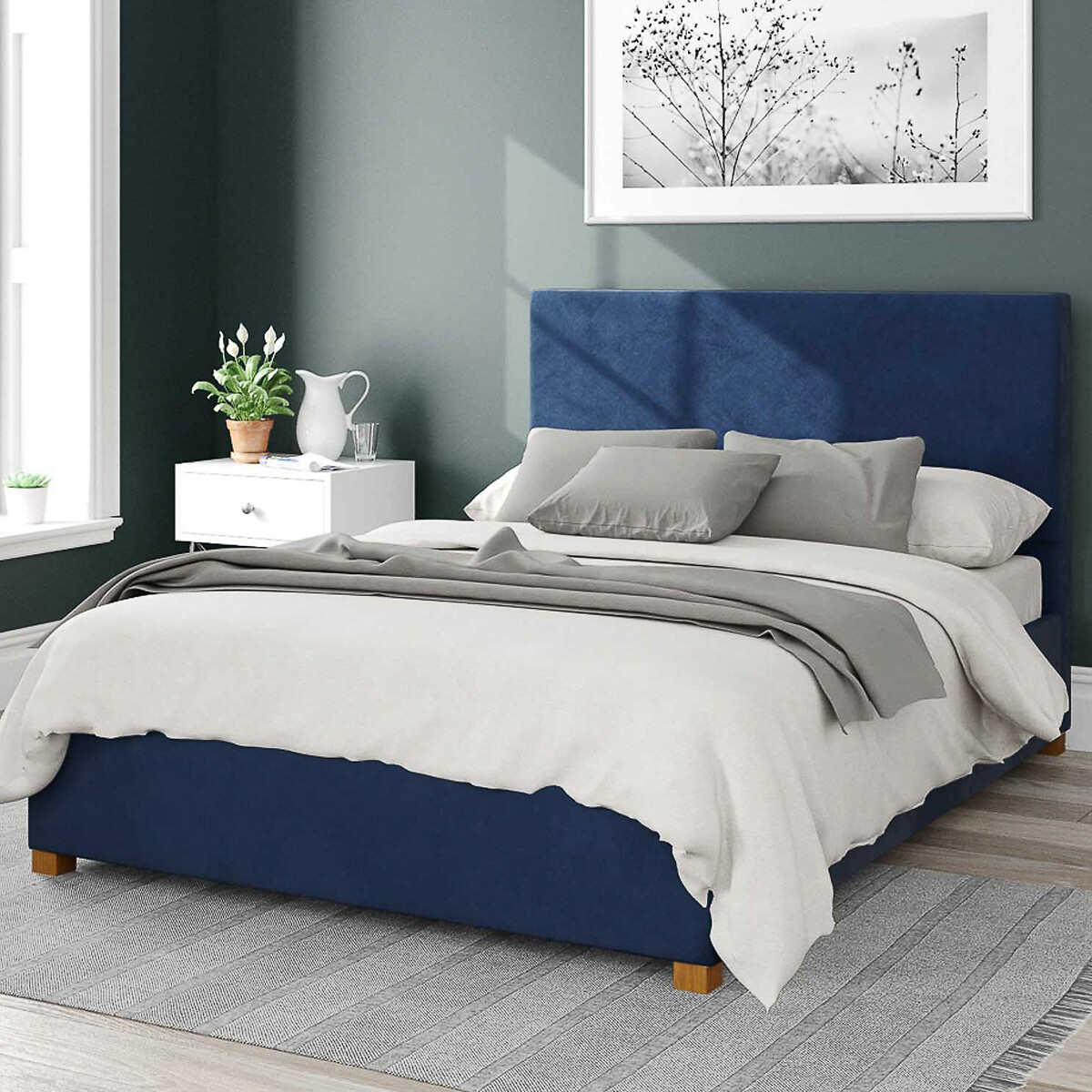 Aspire Unisex Navy Garland Velvet Storage Ottoman Bed With Plain Upholstered Headboard King Size (150 X 200Cm)