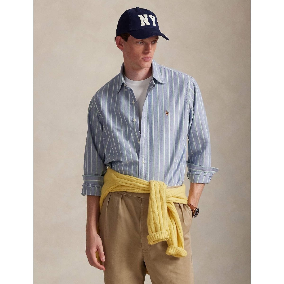Polo Ralph Lauren Striped Oxford Cotton Shirt In Custom Fit Men's Blue-Green Stripes Large