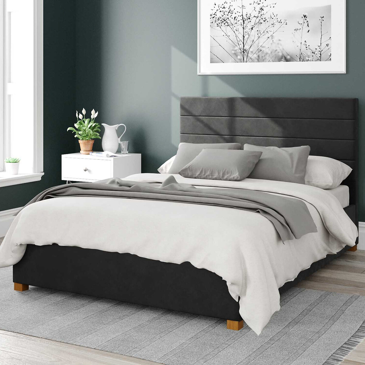 Aspire Unisex Ebony Black Kelly Velvet Storage Ottoman Bed With Modern Horizontal Upholstered Headboard Extra Small