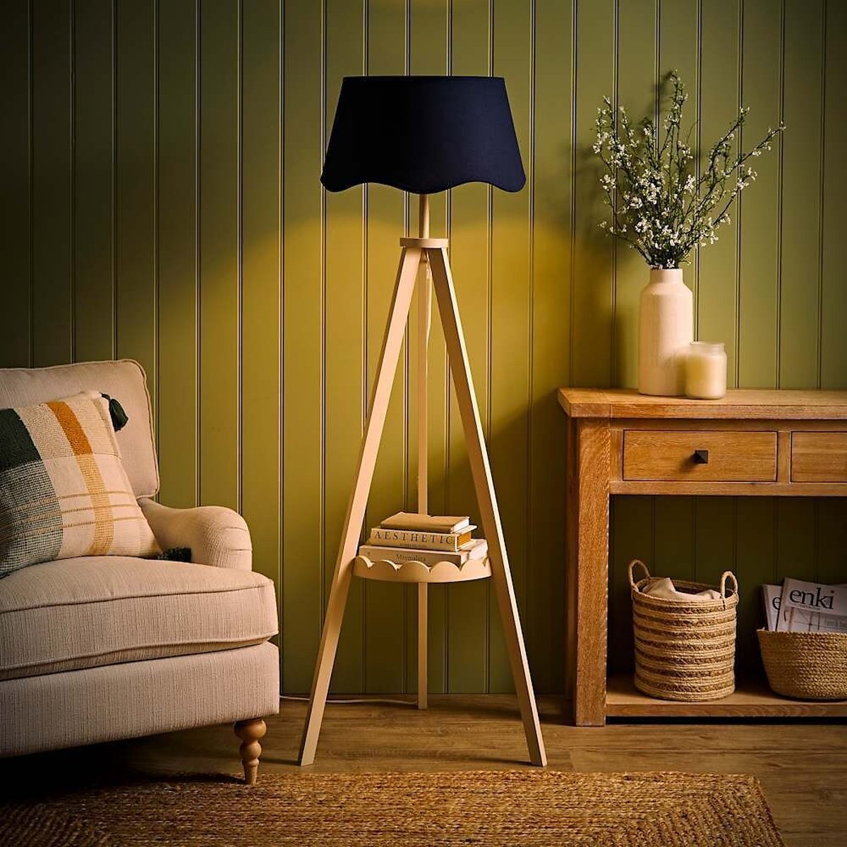 B&Q -  Morrigan Blue Scallop Linen Cream Scallop Shelf Tripod Floor Lamp - Image 7