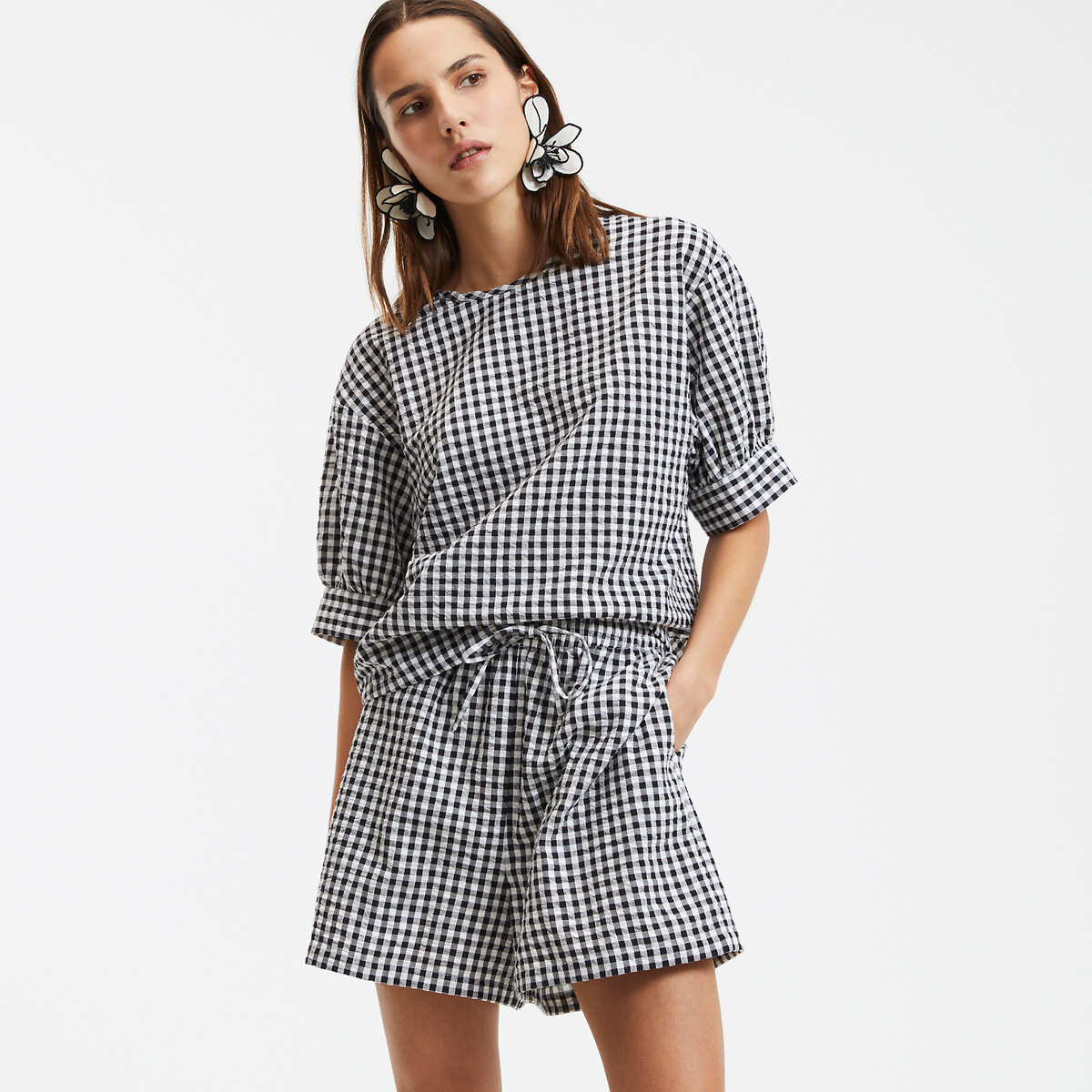 Blusa Con Collo Tondo A Quadri Vichy E Maniche A Palloncino Donna Taglie L - la redoute collections - Modalova