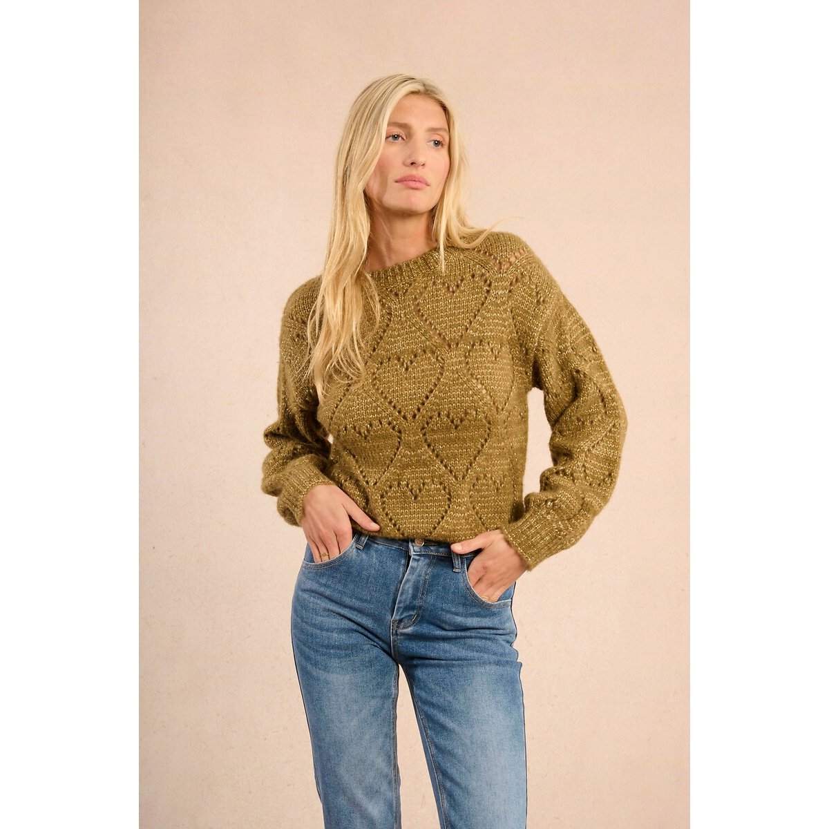 Molly Bracken Openwork Jumper With Heart Print Women's Khaki Extra Large
