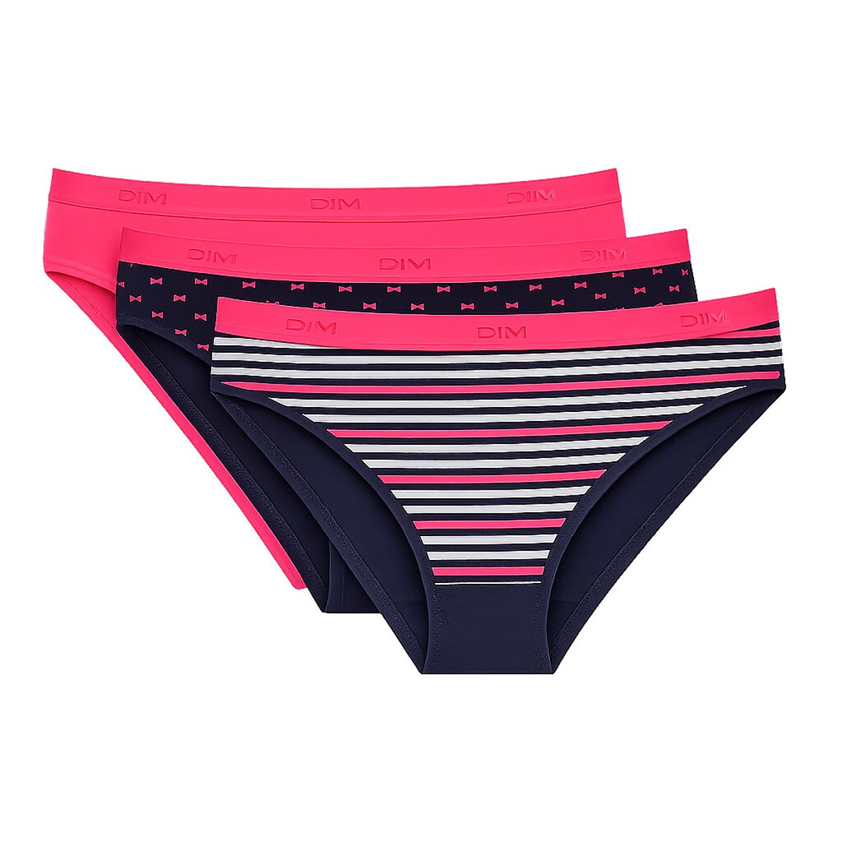 Dim Pack Of 3 Les Pockets Knickers In Stretch Cotton Women's Striped + Plain + Polka Dots 12/14