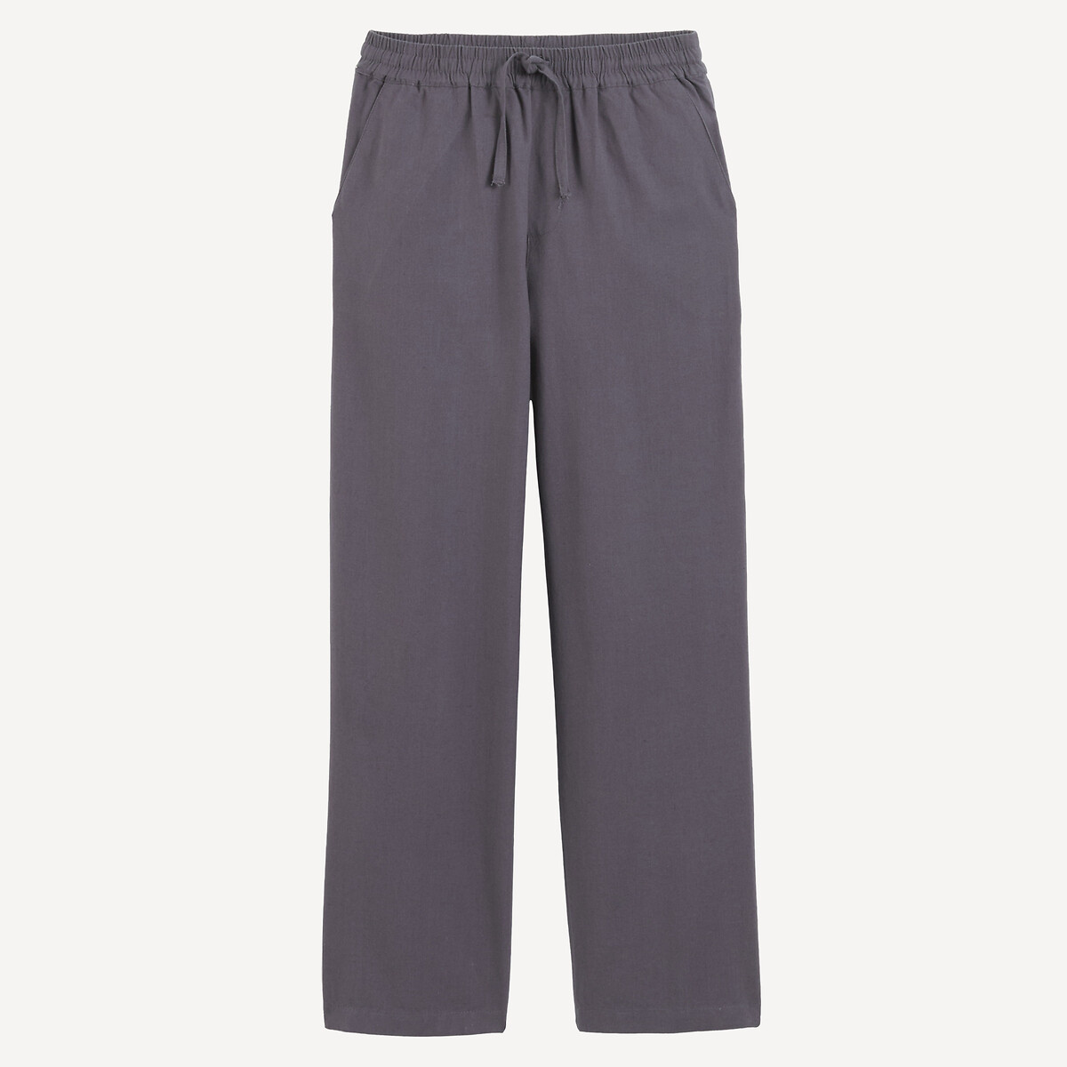 Pantalon droit, taille élastiquée, en coton et lin