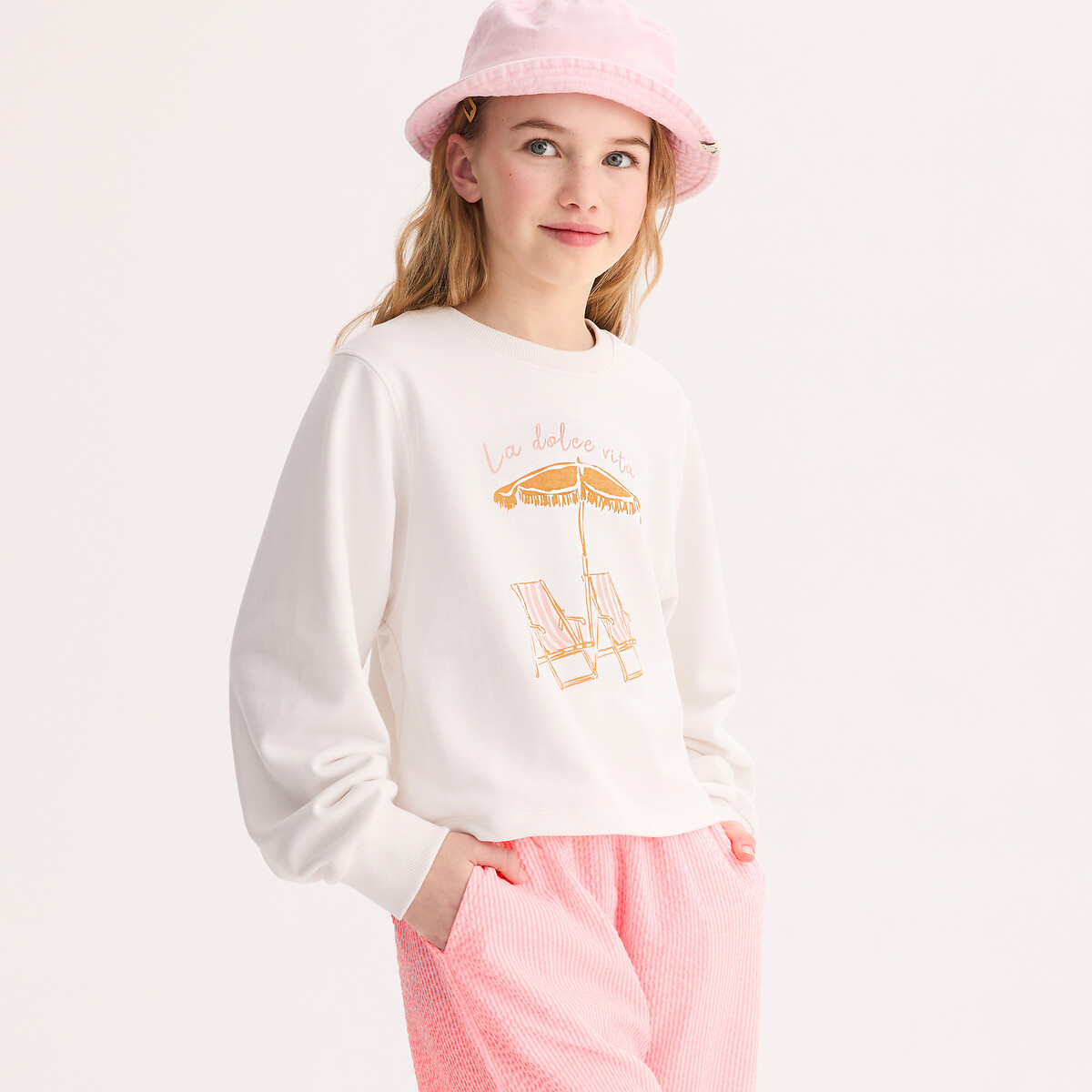 La Redoute Collections Printed Fleece Crew Neck Sweatshirt Ecru 14Y (156Cm)