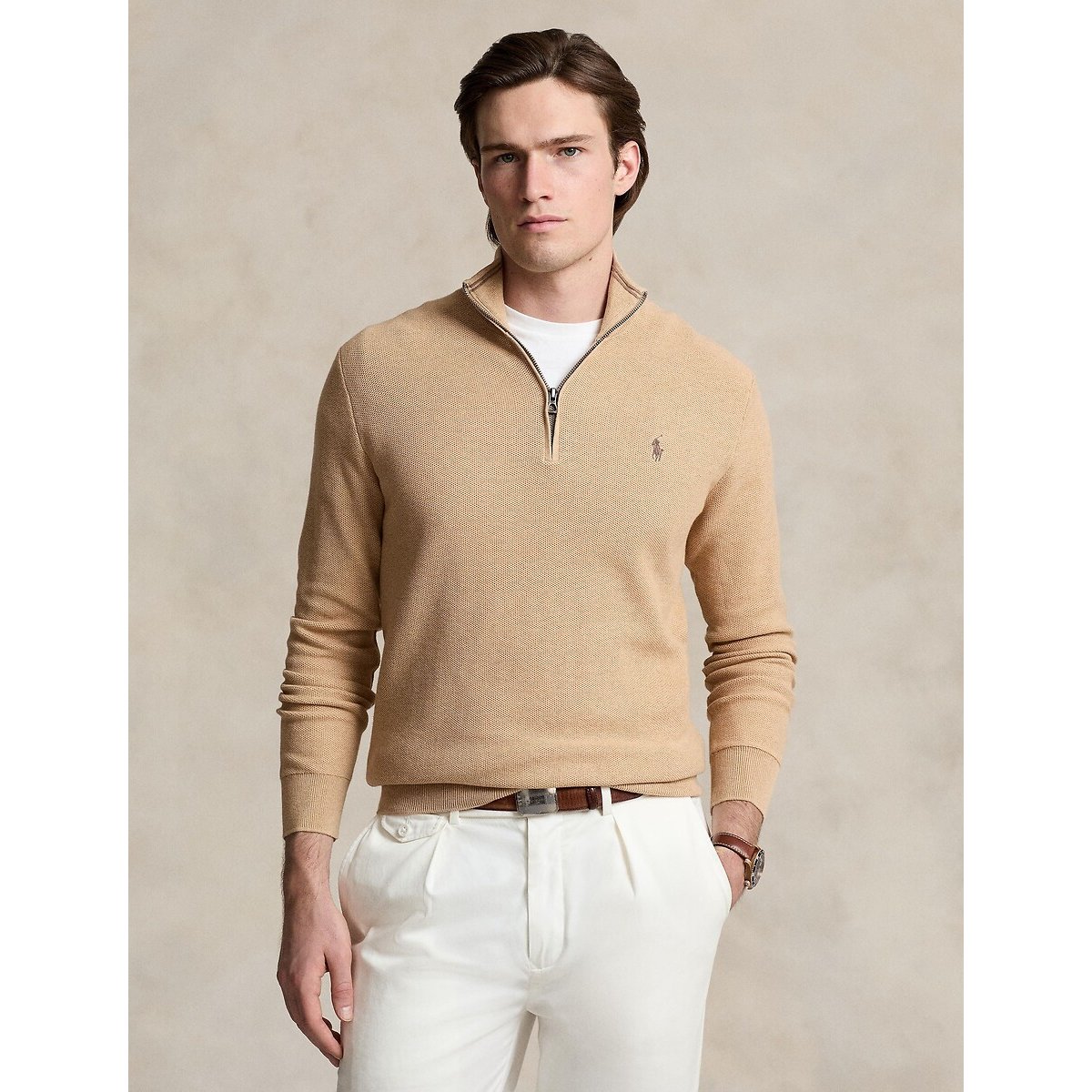 Polo Ralph Lauren Quarter-Zip Jumper In Cotton Pique Men's Camel Medium