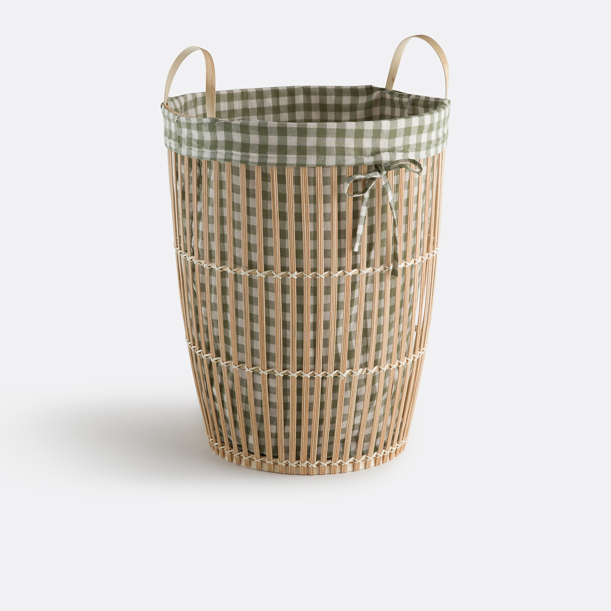 La Redoute Interieurs Monoa Gingham Print Lined Bamboo Laundry Basket Unisex Natural/Green
