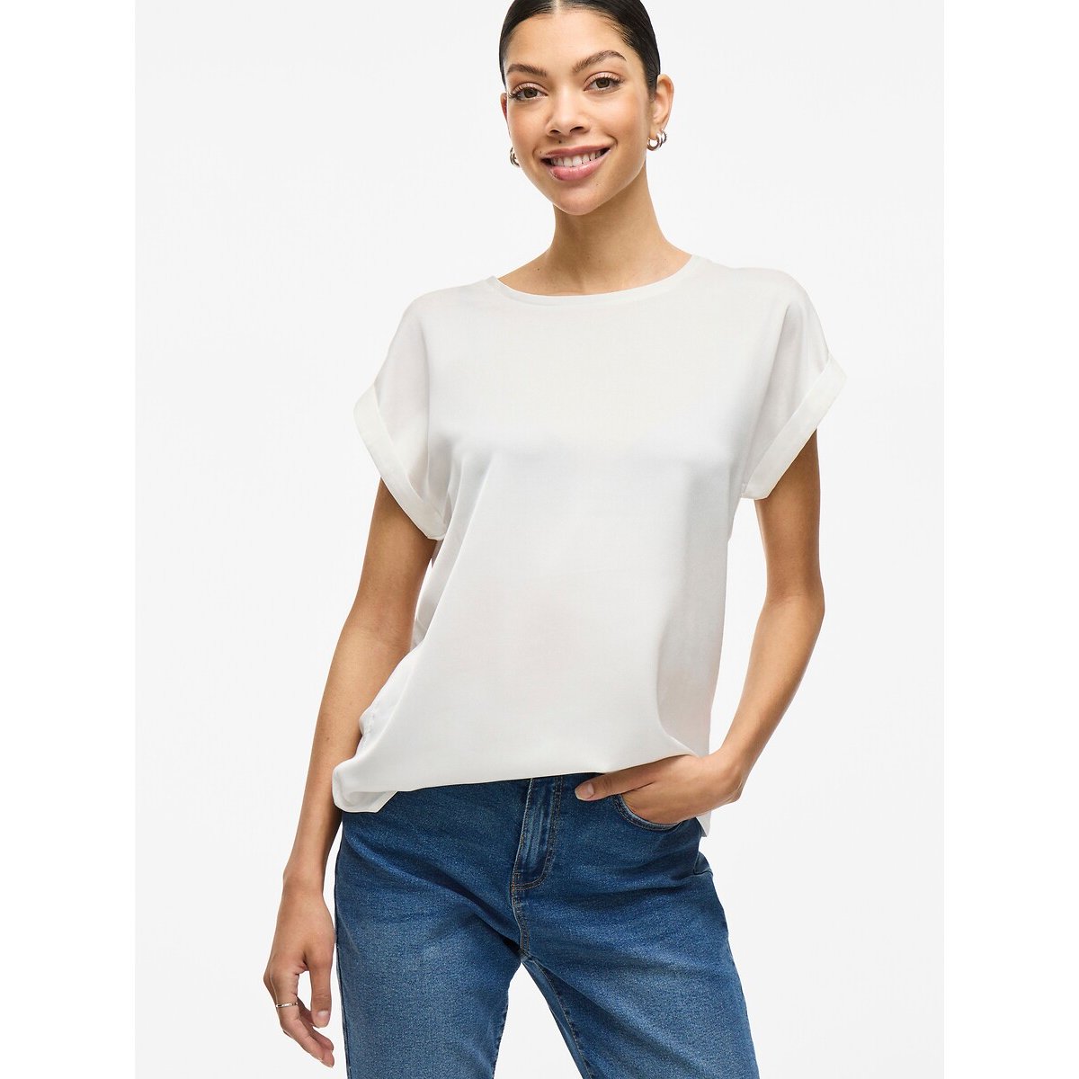 Vila Satin Crew Neck T-Shirt Women's White Size 8