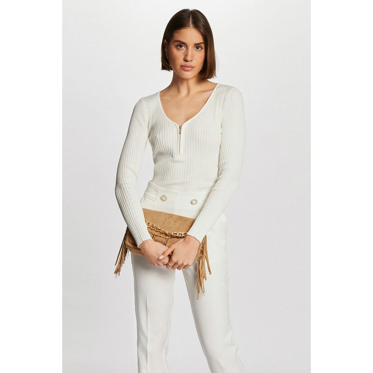 Morgan Zipped V-Neck Jumper In Ribbed Knit Women's Ivory Large
